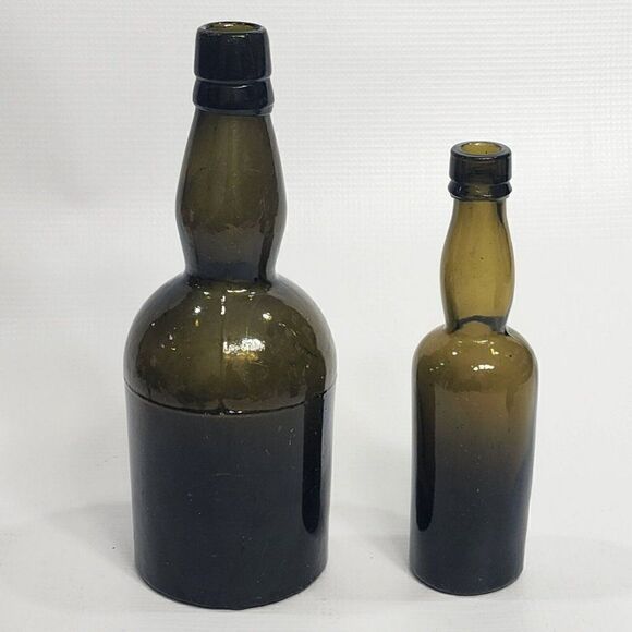 Set Of 2 Antique Olive Green 7"/9" Liquor Whiskey Bottles - Picture 1 of 11